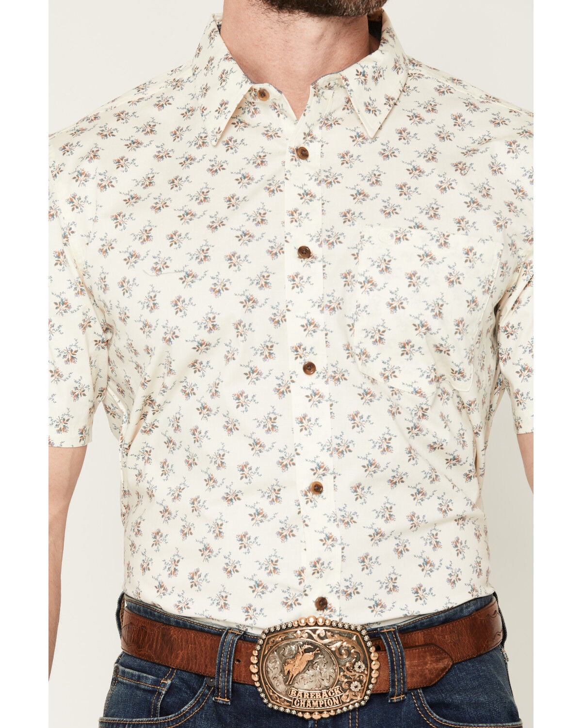 Image #3 - Cody James Men's Off Chute Floral Print Short Sleeve Button-Down Stretch Western Shirt, Cream, hi-res