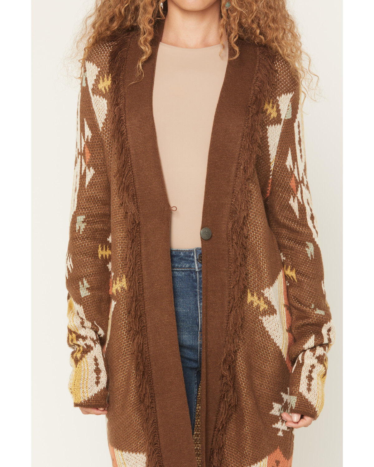 Image #3 - Rock & Roll Denim Women's Southwestern Print Concho Cardigan, Brown, hi-res