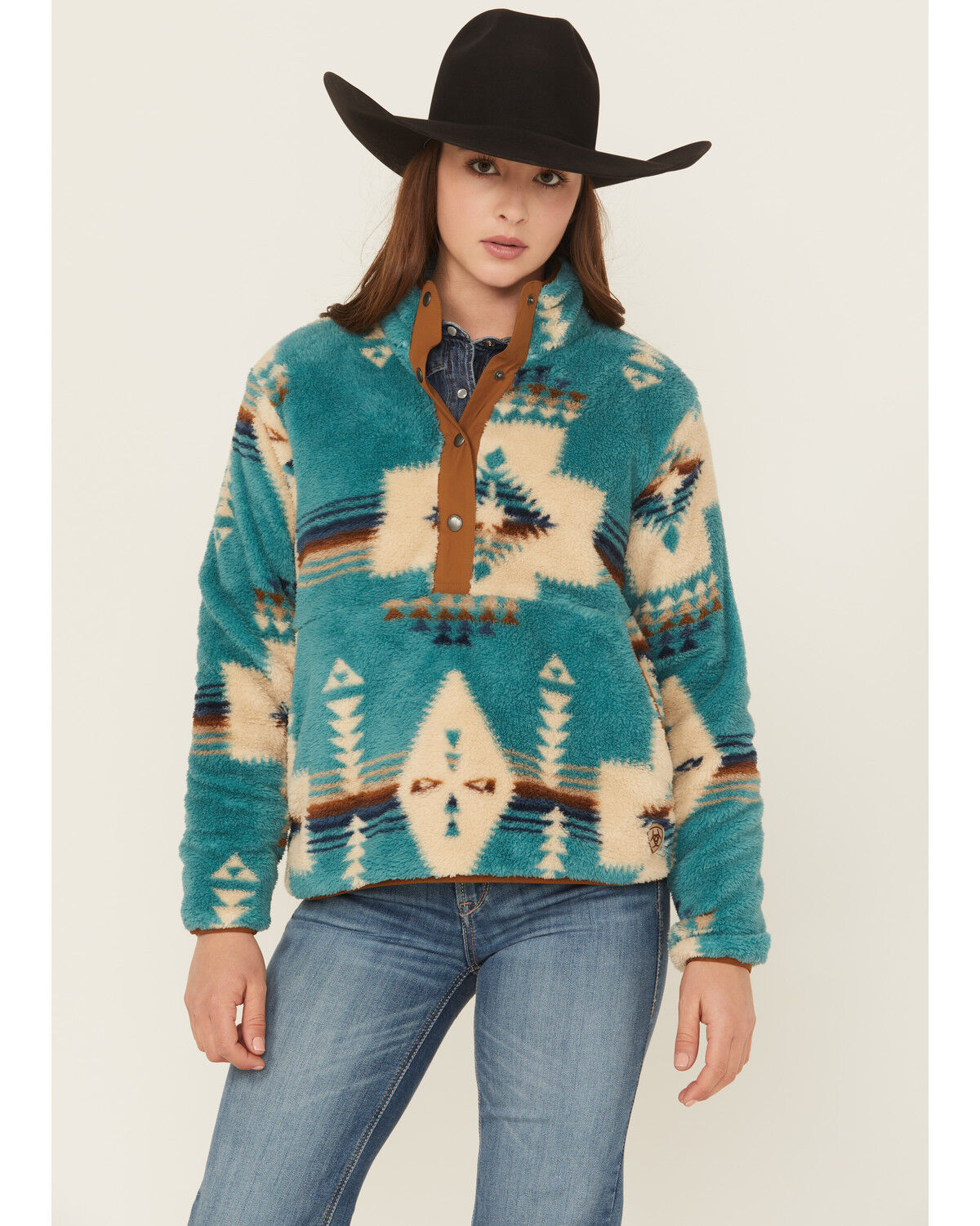 Ariat Women's Southwestern Print Berber Pullover, Teal, hi-res