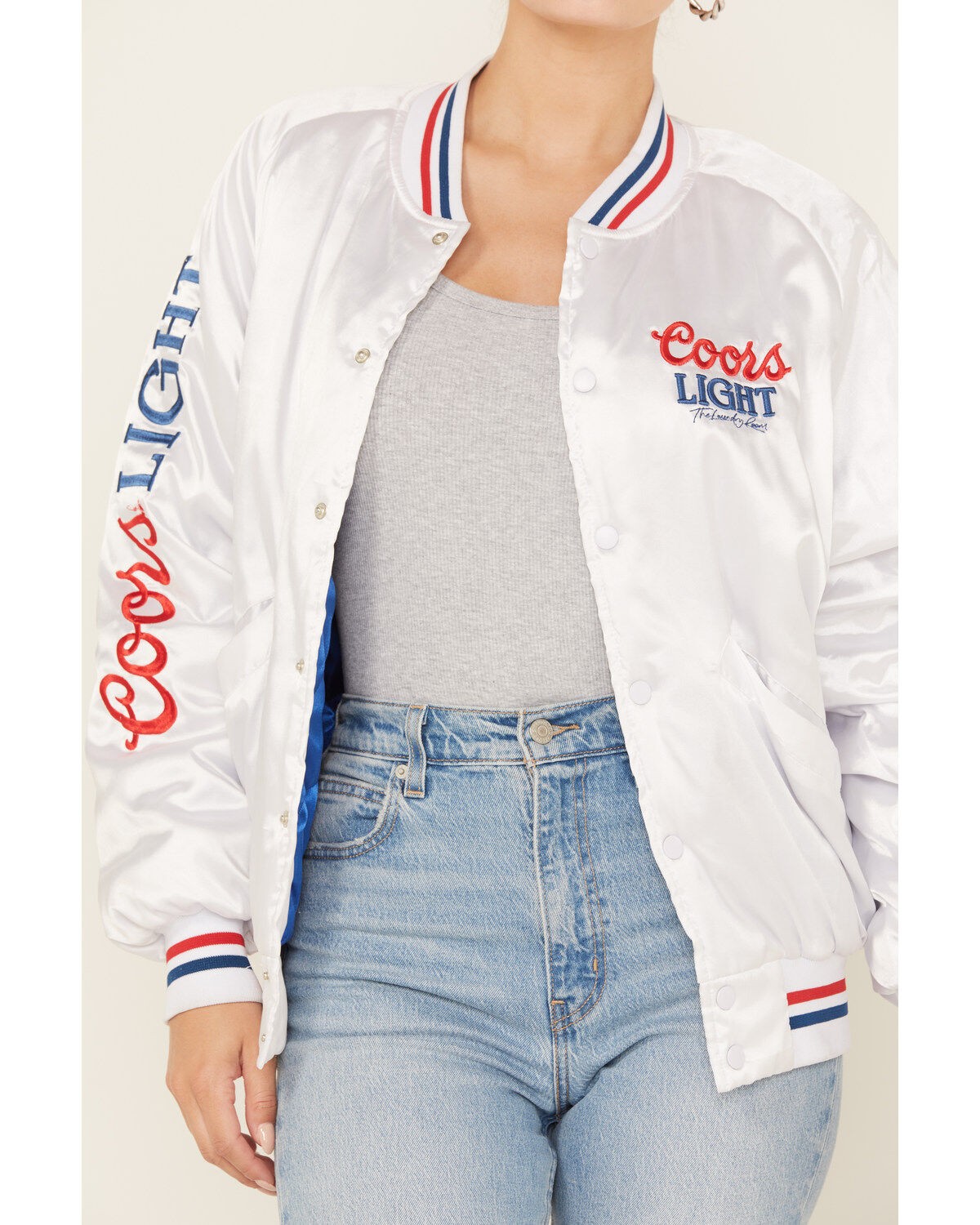 Image #3 - The Laundry Room Women's Faux Satin Coors Light Bomber Jacket, White, hi-res