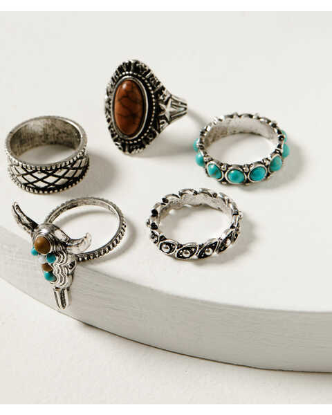 Shyanne Women's 5-Piece Silver Longhorn & Turquoise Beaded Ring Set, Silver, hi-res