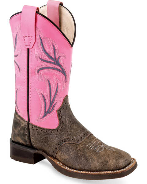 Image #1 - Old West Girls' Distressed Brown/Pink Embroidered Cowgirl Boots - Square Toe, , hi-res