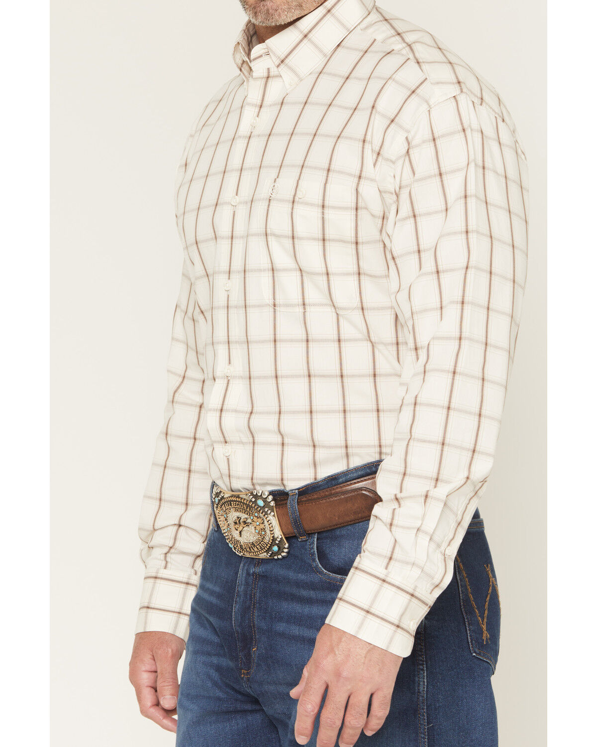 Image #3 - George Strait by Wrangler Men's Plaid Print Long Sleeve Button-Down Stretch Western Shirt, Cream, hi-res