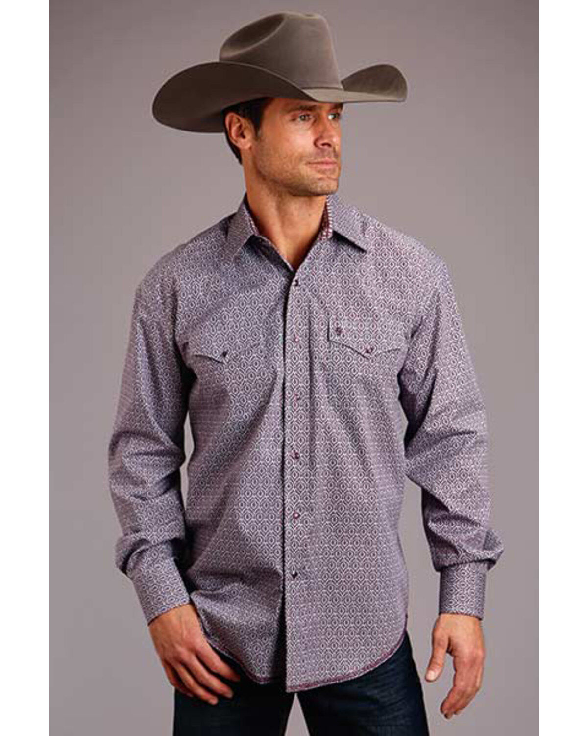 Image #1 - Stetson Men's Wine Victorian Foulard Geo Print Long Sleeve Western Shirt , , hi-res