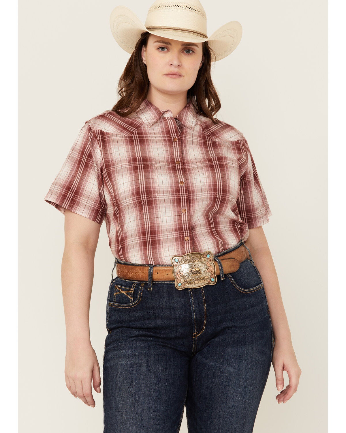 Ariat Women's Billie Jean Plaid Print Short Sleeve Button-Down Western Shirt - Plus, Rust Copper, hi-res