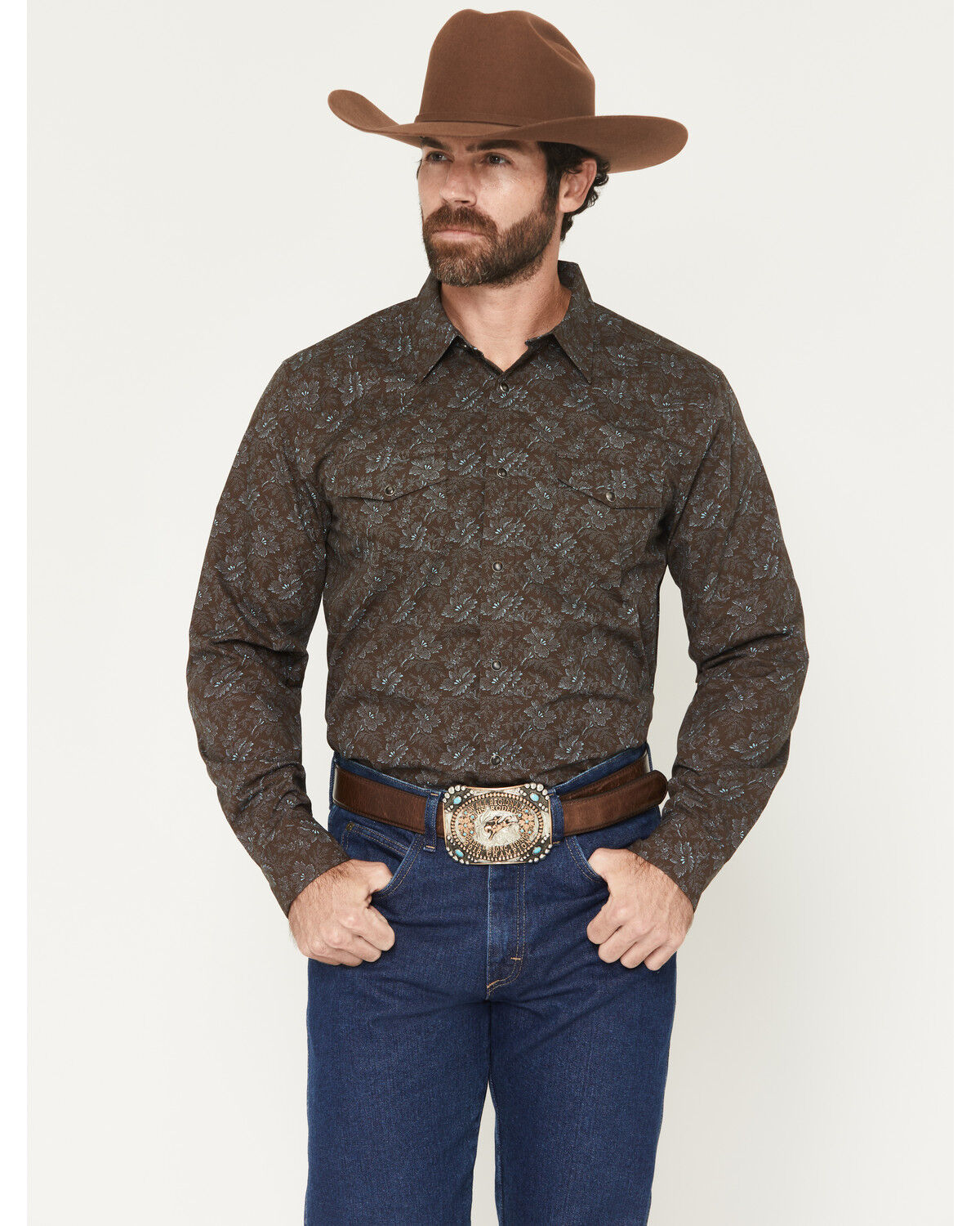 Image #1 - Gibson Trading Co Men's Groovin Floral Print Long Sleeve Snap Western Shirt, Dark Brown, hi-res
