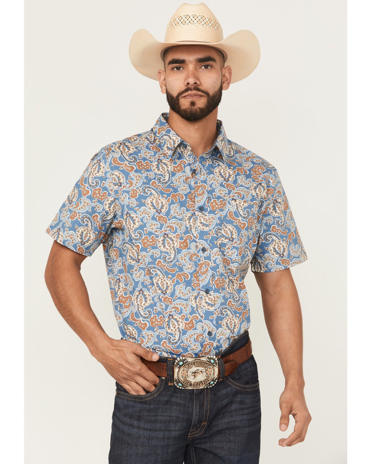 Cody James Men's Boise Paisley Print Short Sleeve Button-Down Stretch Western Shirt, Blue, hi-res