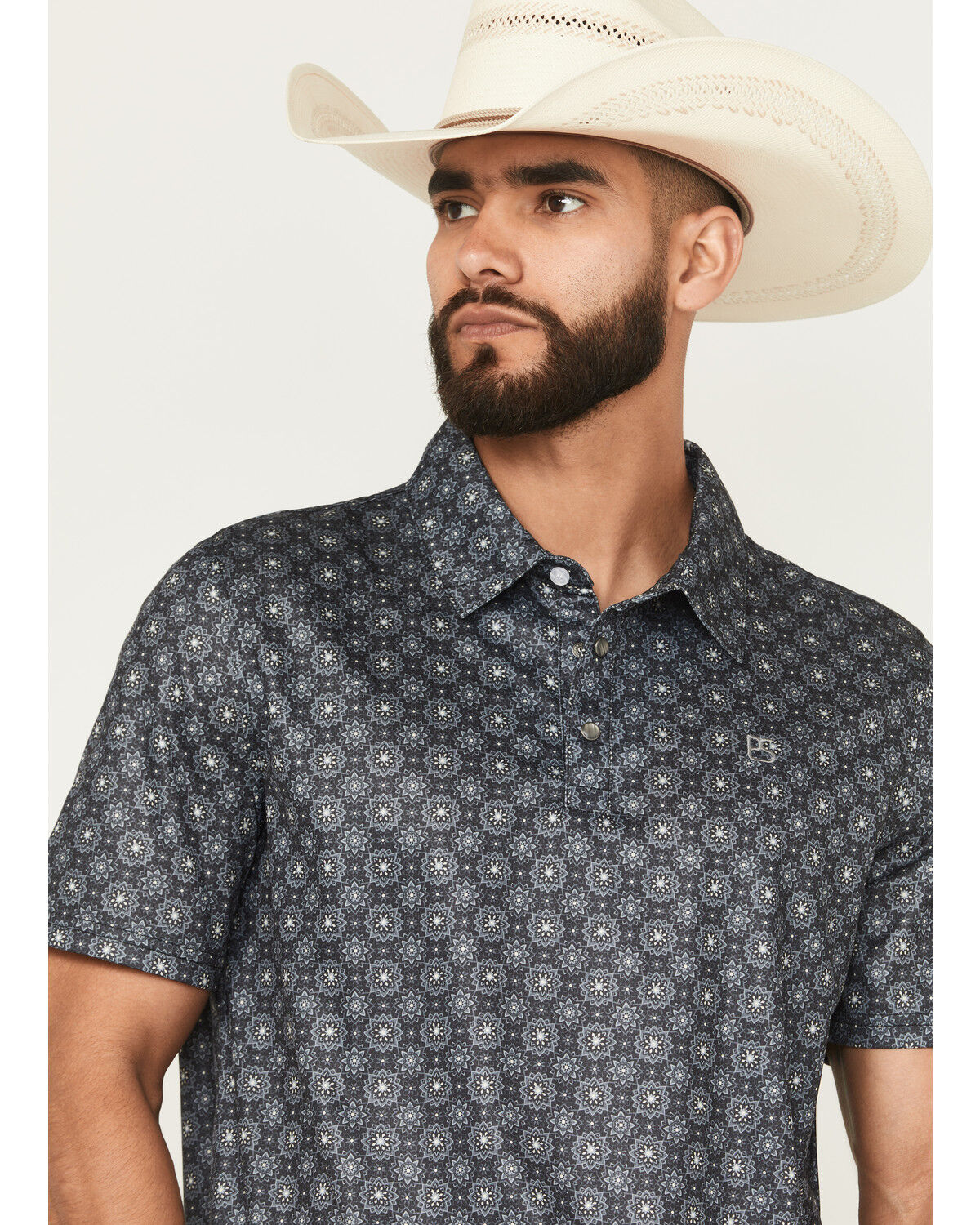 Image #2 - Panhandle Slim Men's Medallion Print Short Sleeve Snap Performance Polo, Black, hi-res