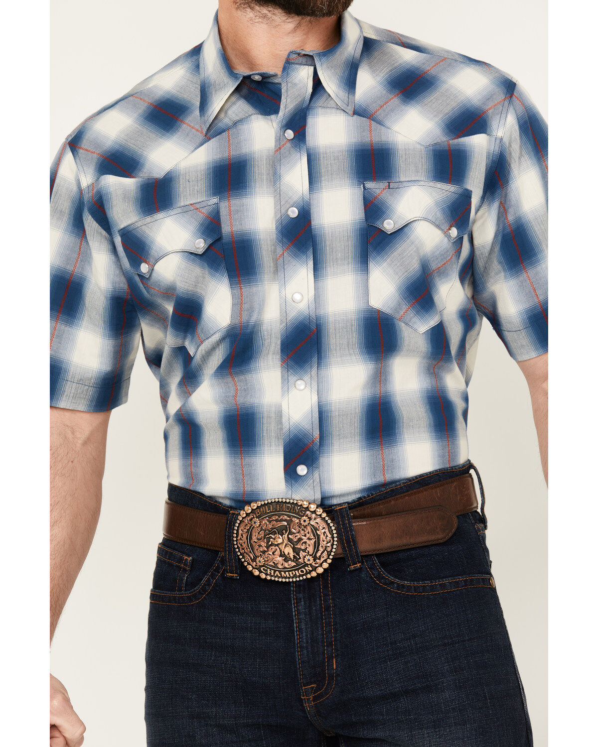 Image #3 - Roper Men's West Made Plaid Print Short Sleeve Snap Western Shirt, Blue, hi-res
