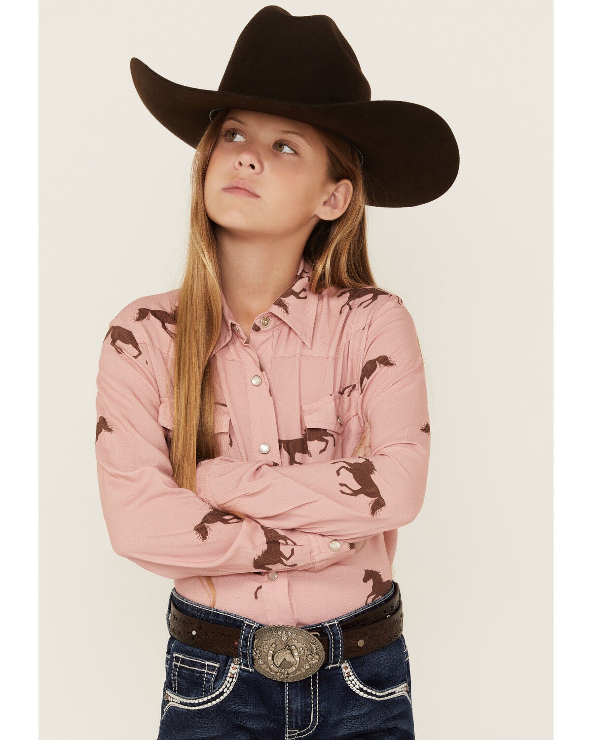 Roper Girls' Running Horse Print Long Sleeve Snap Western Shirt, Pink, hi-res
