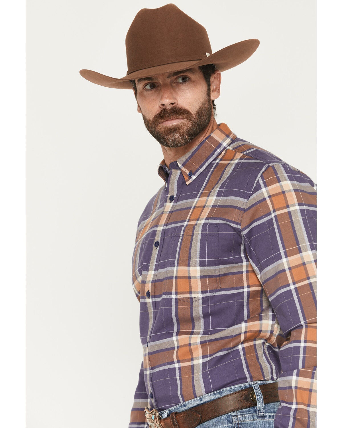 Image #2 - Cody James Men's Smokey Trail Plaid Print Long Sleeve Button-Down Stretch Western Shirt, Dark Blue, hi-res
