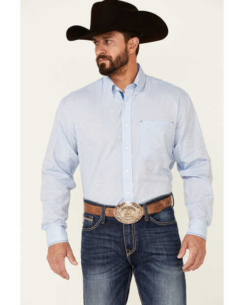 Rough Stock by Panhandle Men's Jacquard Paisley Print Long Sleeve Button Down Western Shirt , Light Blue, hi-res