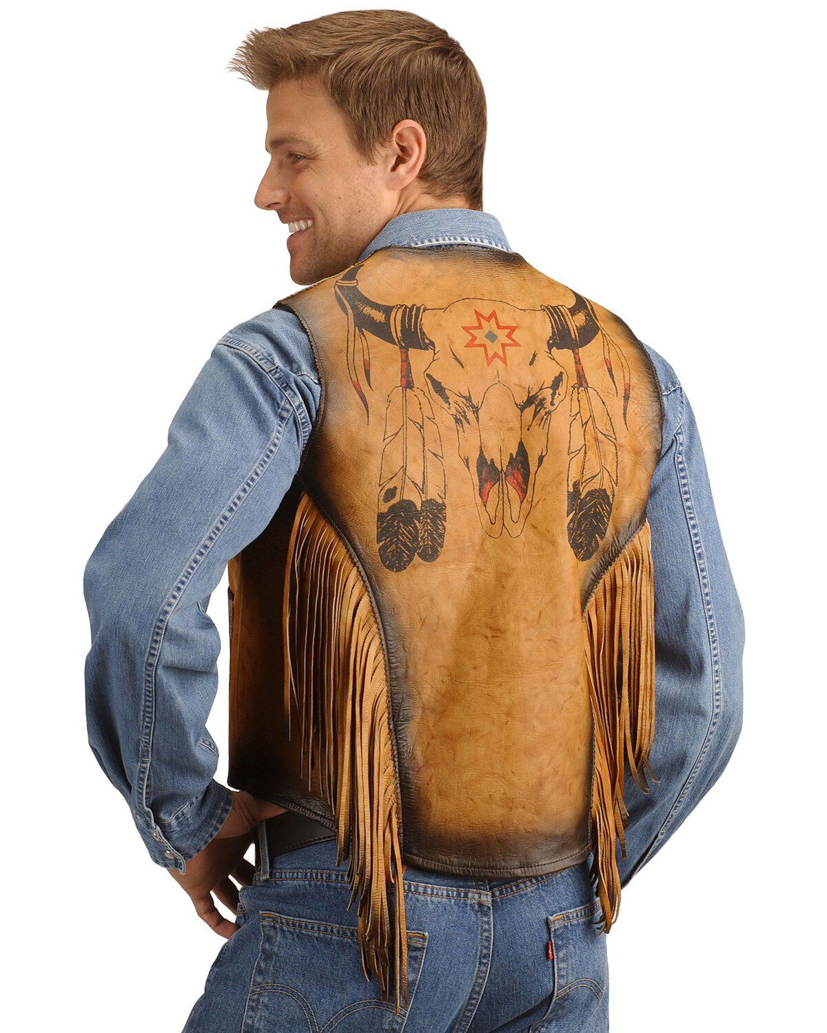 Kobler Leather Vest with Bull Skull Design, Beige, hi-res