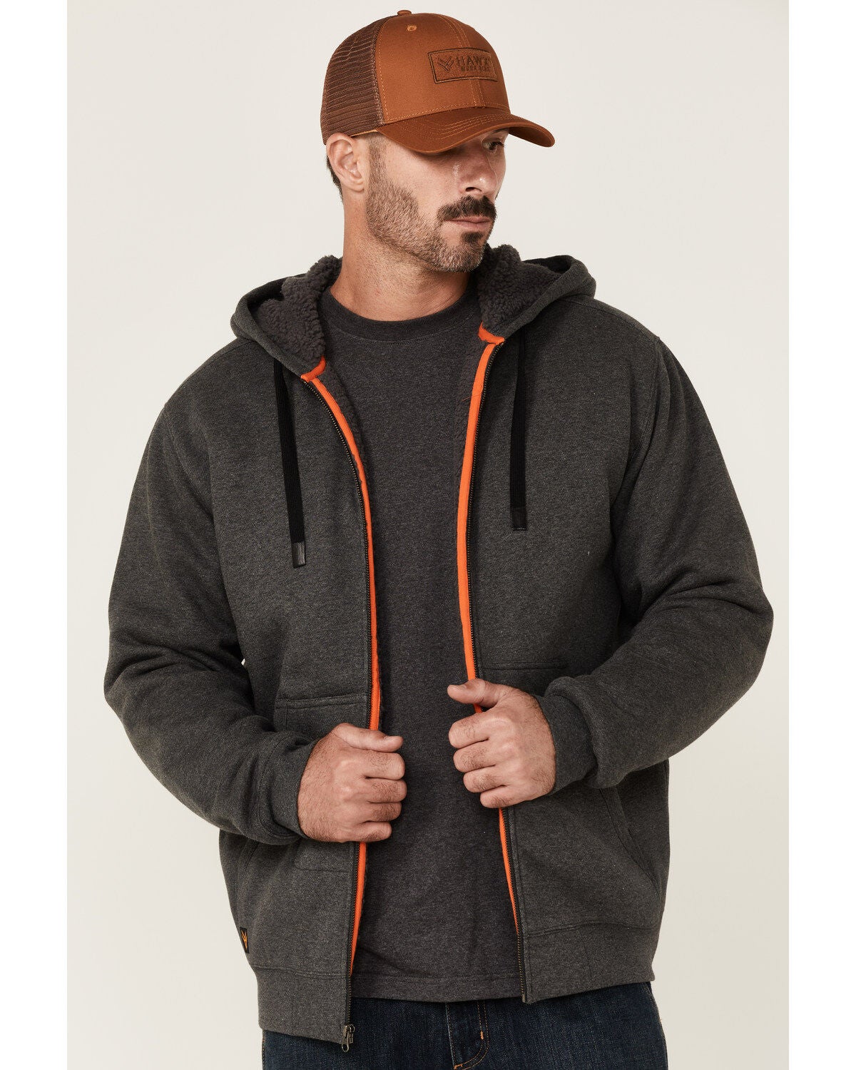 Hawx Men's Charcoal Sherpa-Lined Zip-Front Hooded Work Jacket, Charcoal, hi-res