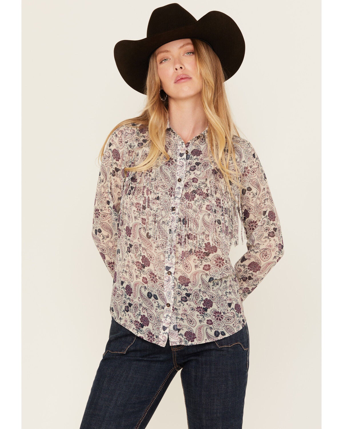 Shyanne Women's Printed Long Sleeve Fringe Button-Down Western Shirt, Natural, hi-res