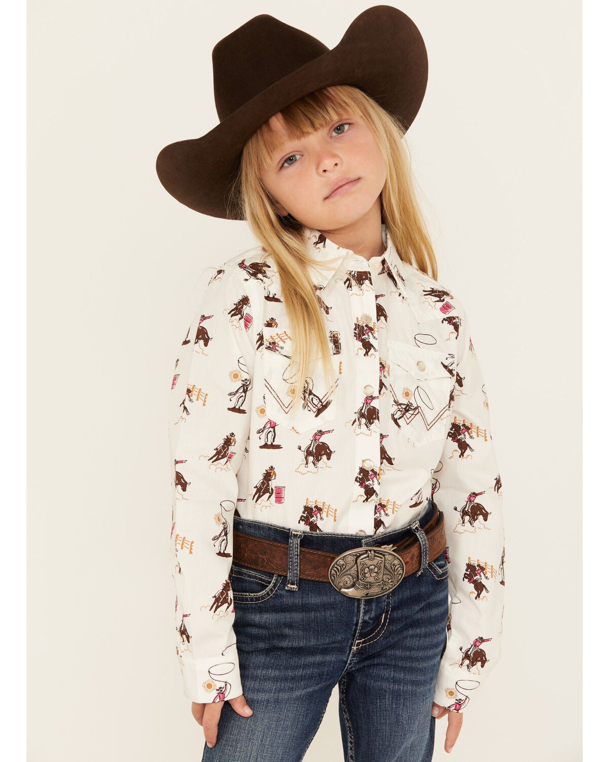 Wrangler Girls' Rodeo Long Sleeve Snap Western Shirt, White, hi-res