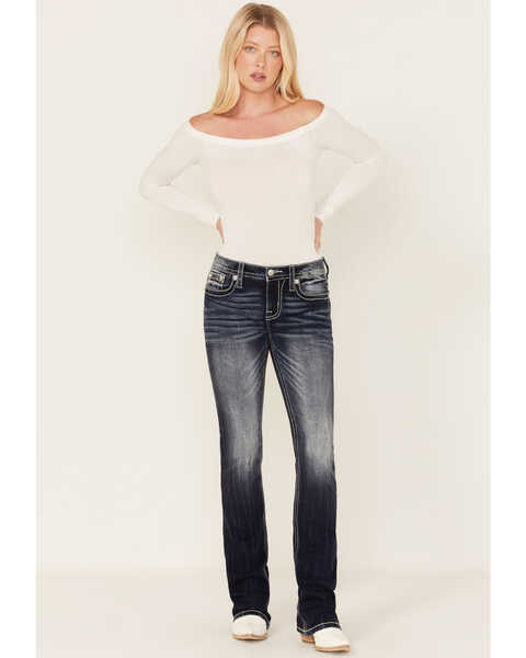 Image #3 - Miss Me Women's Medium Wash Mid Rise Embroidered Floral Steer Head & Sequin Bootcut Jeans , Dark Blue, hi-res