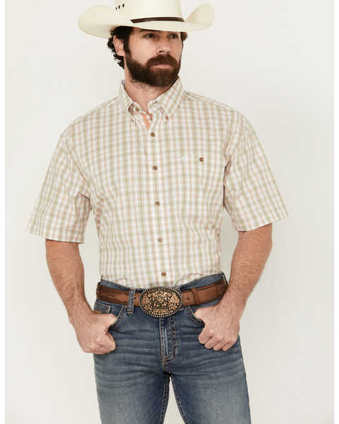 George Strait by Wrangler Men's Plaid Print Short Sleeve Button-Down Stretch Western Shirt - Big , Sage, hi-res