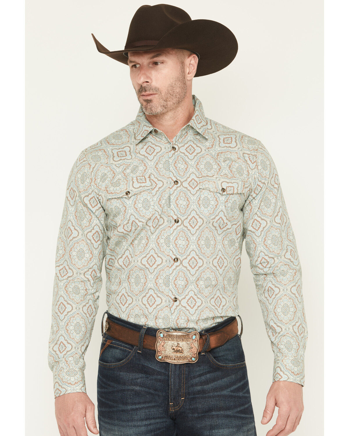Image #1 - Gibson Trading Co Men's Garfunkle Medallion Print Long Sleeve Snap Stretch Western Shirt - Tall, Mint, hi-res