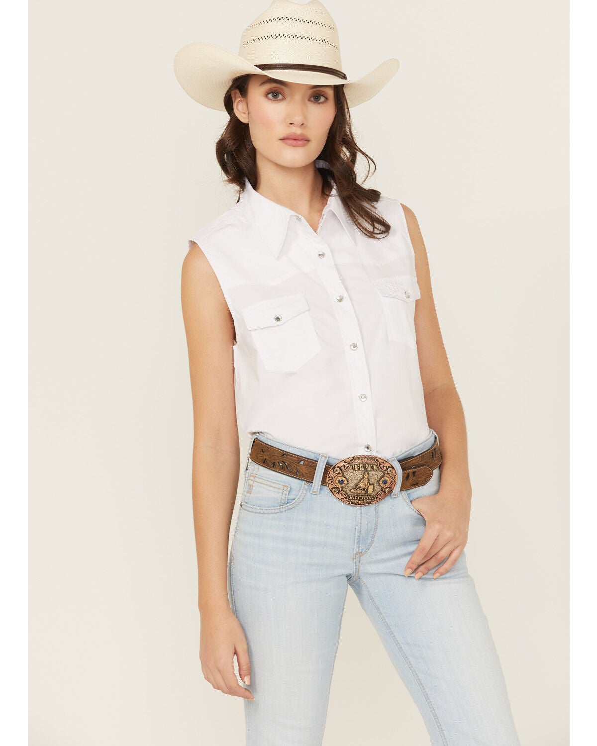 Cowgirl Hardware Women's Solid Sleeveless Snap Stretch Western Shirt, White, hi-res