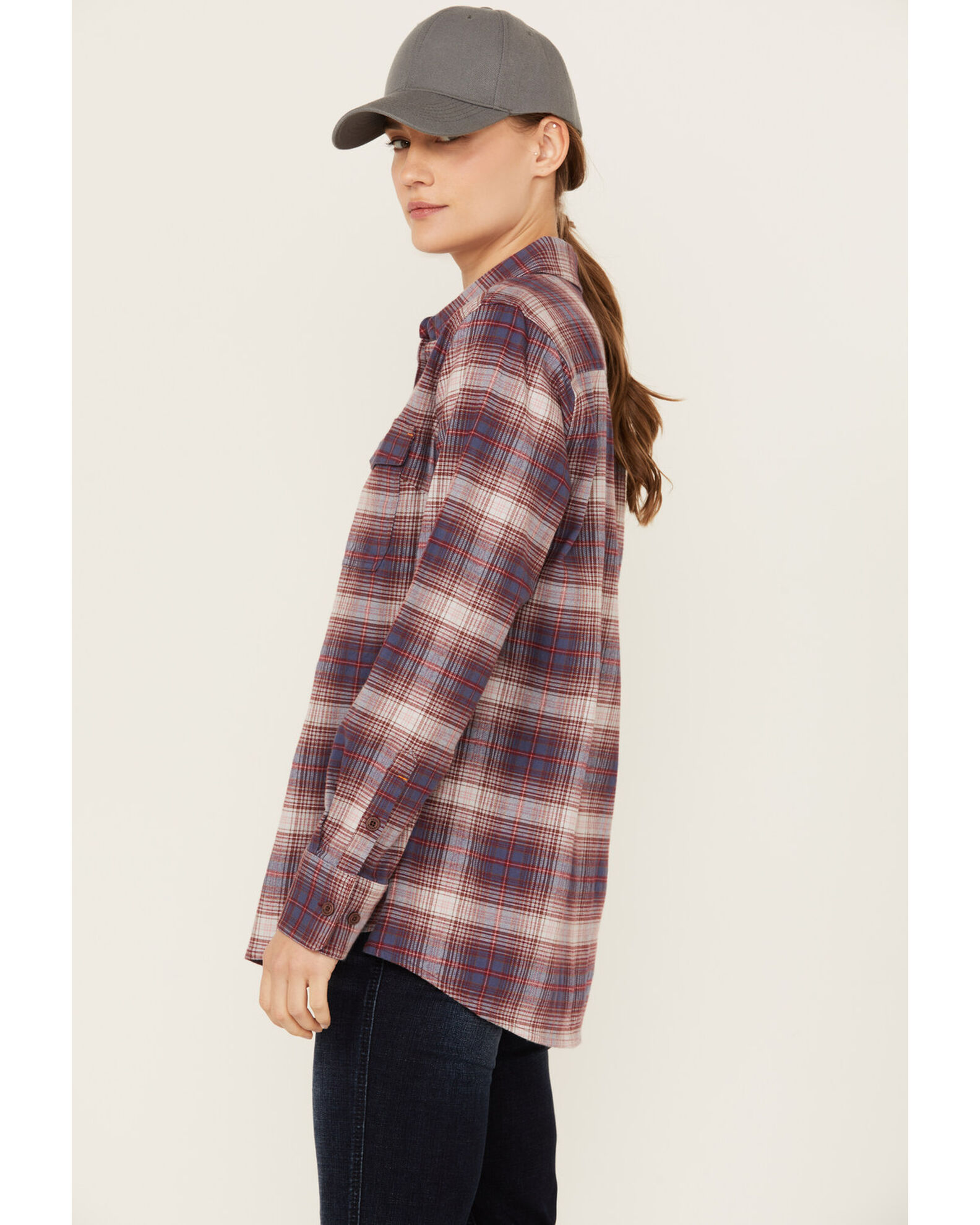 Image #2 - Ariat Women's Rebar Plaid Print DuraStretch Long Sleeve Button-Down Flannel Work Shirt, Grey, hi-res