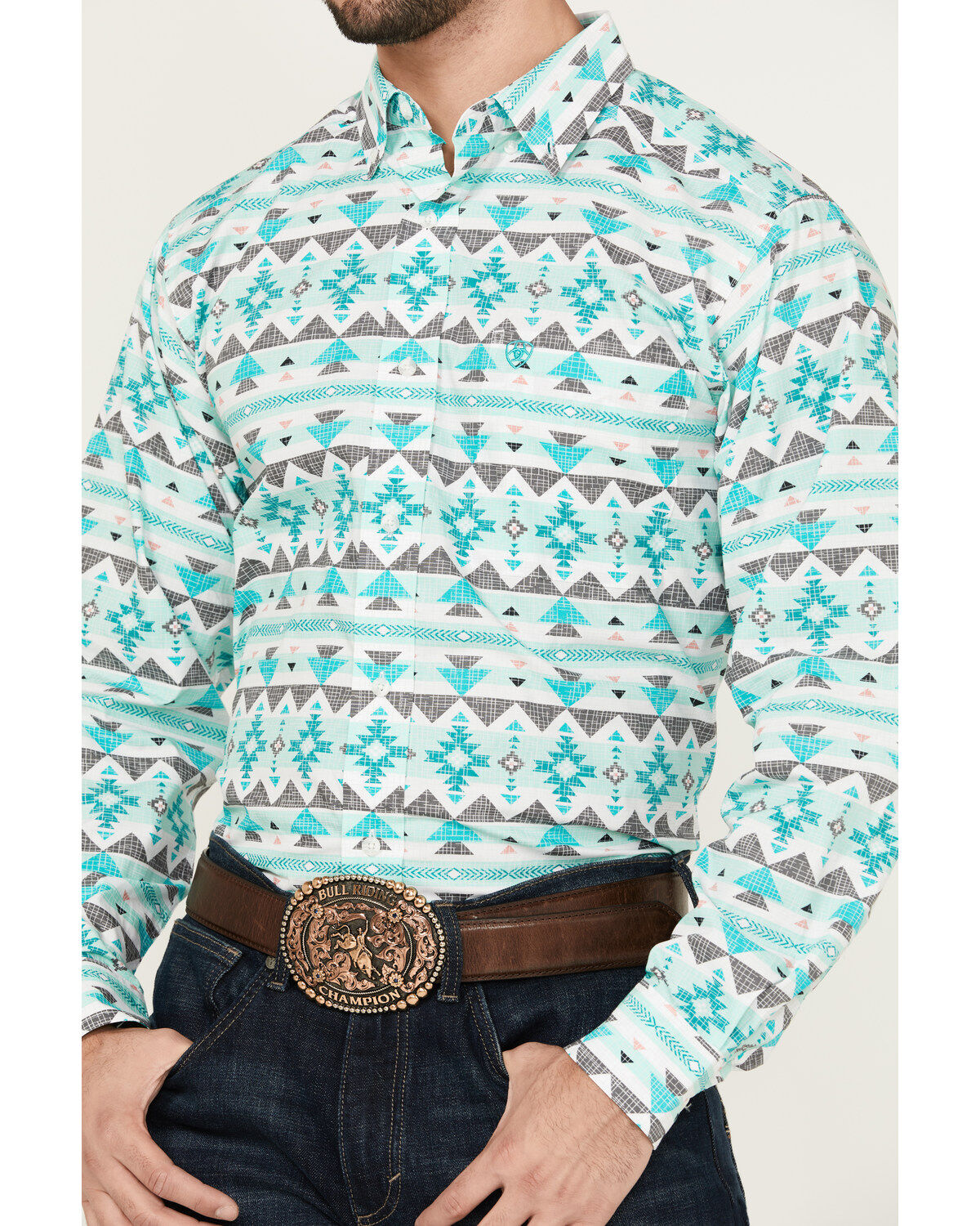 Image #3 - Ariat Men's Jacey Southwestern Print Long Sleeve Button-Down Western Shirt, Turquoise, hi-res