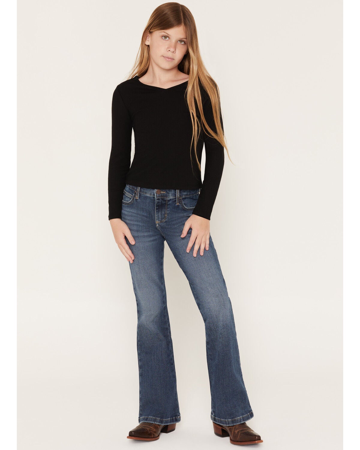 Image #1 - Wrangler Girls' Bespoke Flare Stretch Denim Jeans, Medium Wash, hi-res