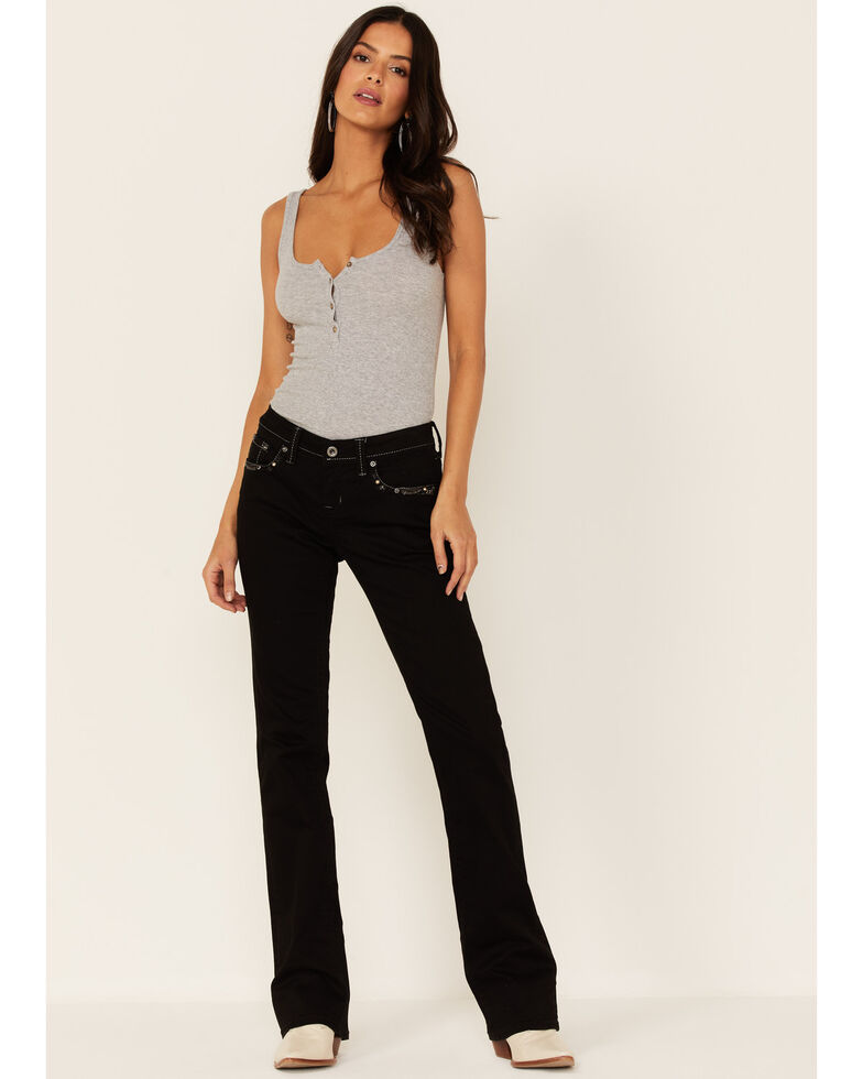 Grace in LA Women's Jeweled Cross Design Pockets Mid-Rise Bootcut Jeans, Black, hi-res
