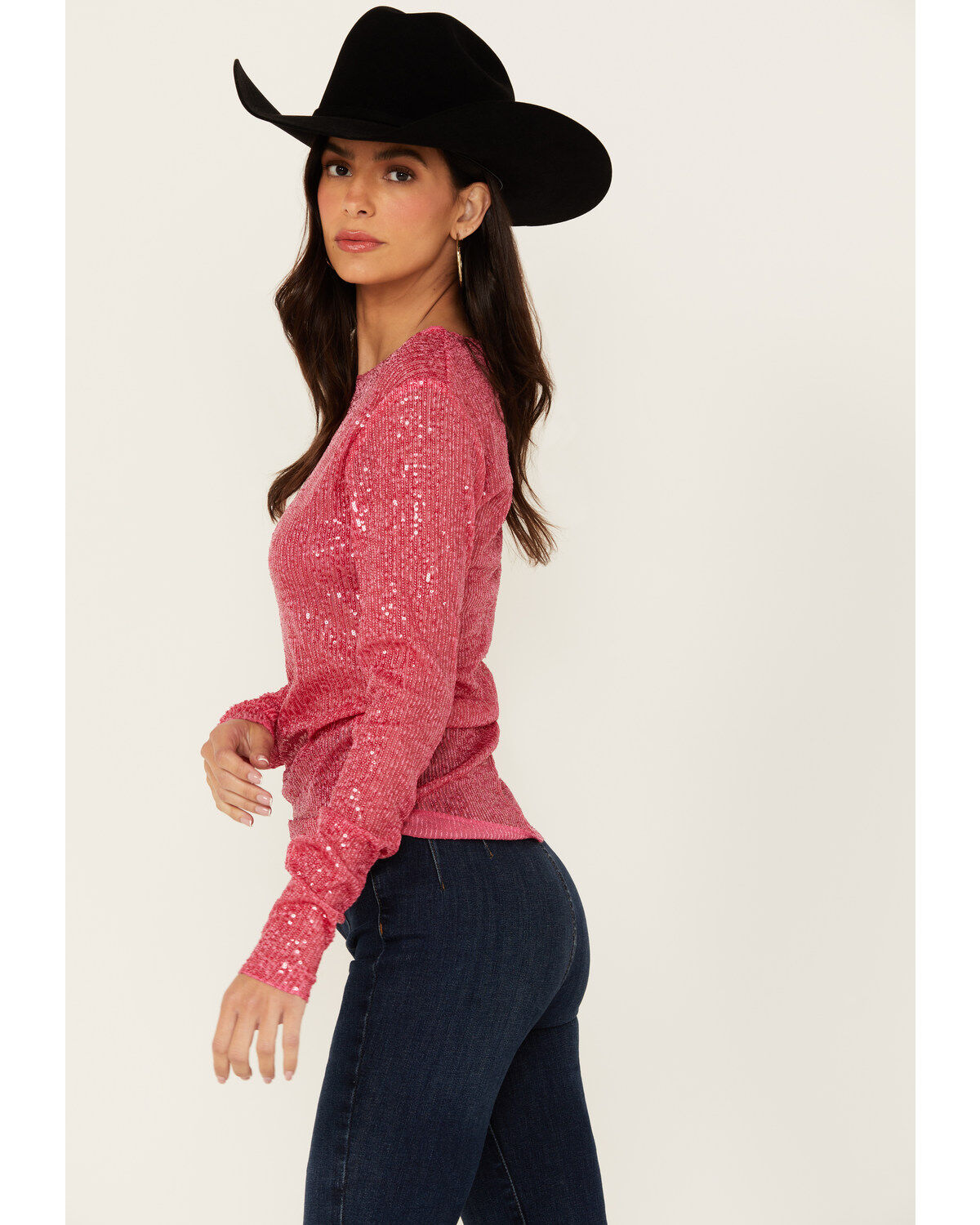 Image #2 - Free People Women's Sequins Gold Rush Long Sleeve Top, Hot Pink, hi-res