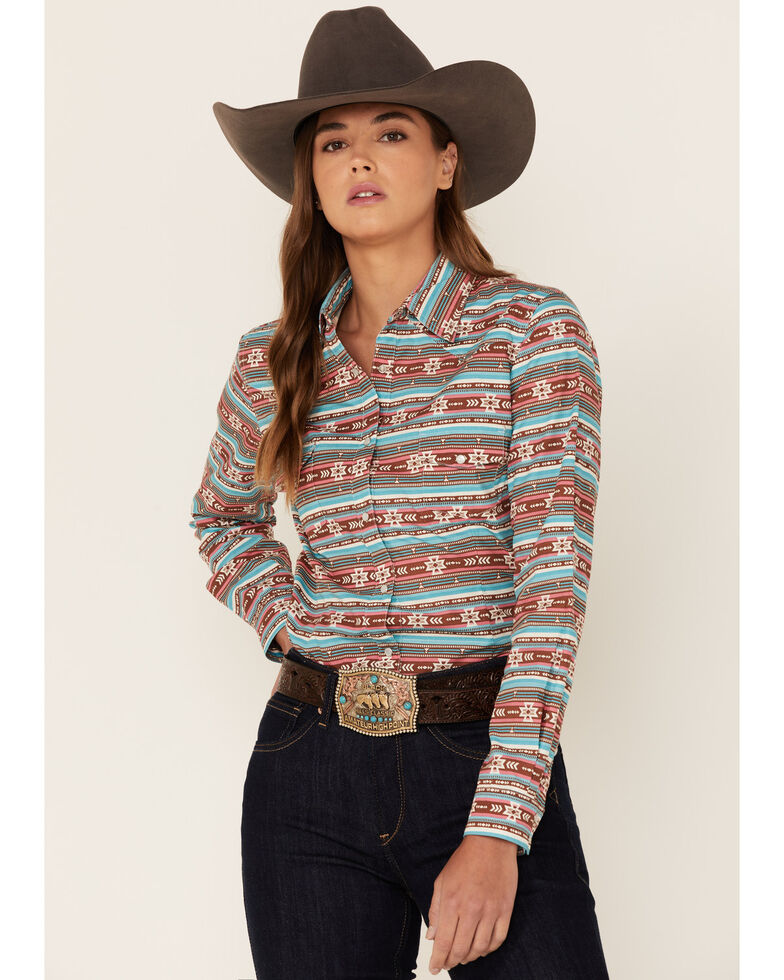 Panhandle Women's Aqua Southwestern Stripe Snap Shirt, Aqua, hi-res
