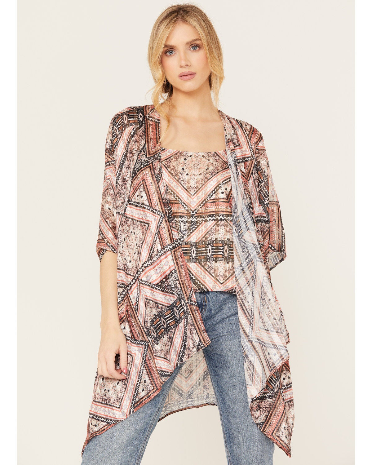 Shyanne Women's Pec Printed Bohemian Cami / Kimono Set, Pecan, hi-res