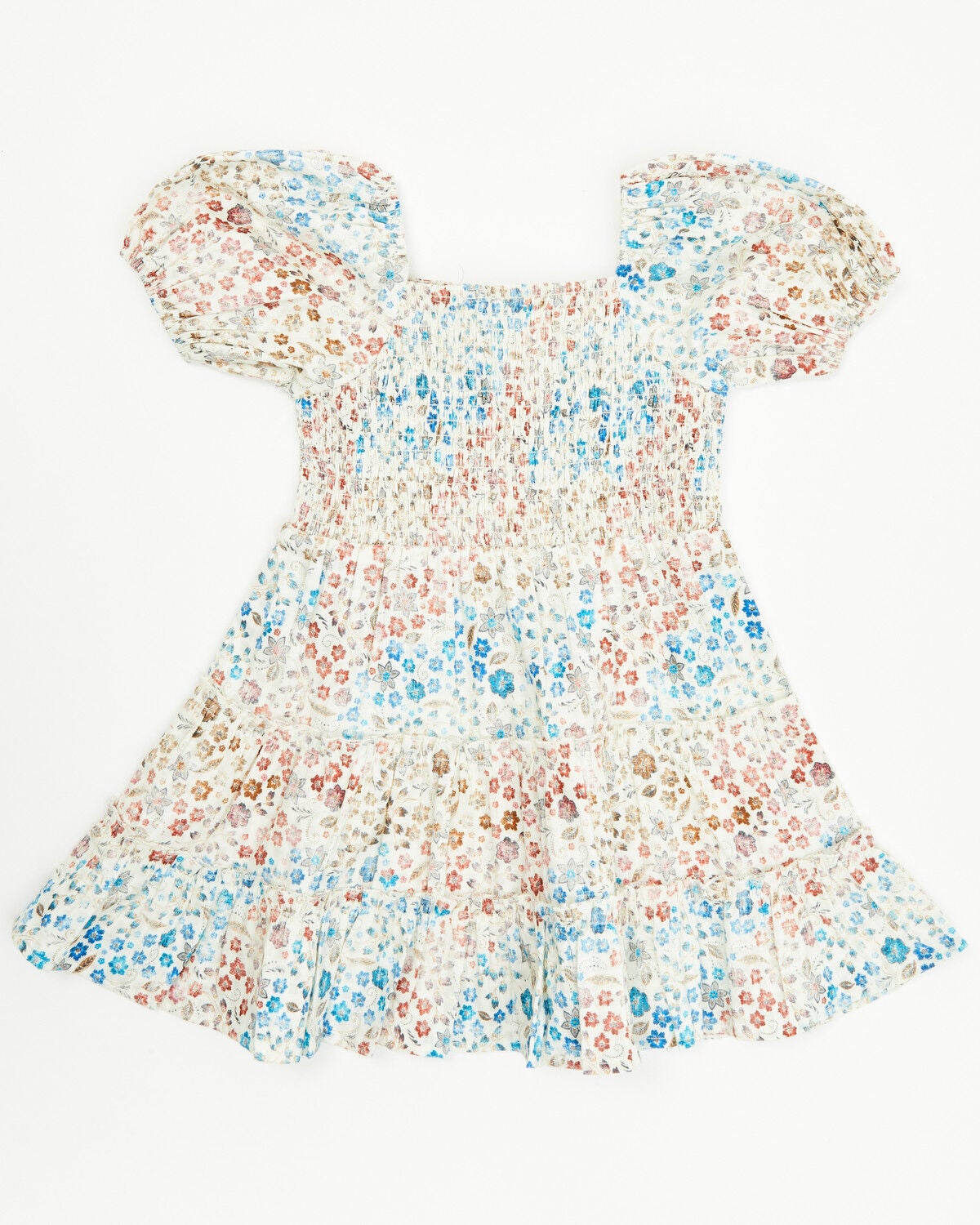 Shyanne Toddler Girls' Floral Print Puff Short Sleeve Midi Dress, Ivory, hi-res