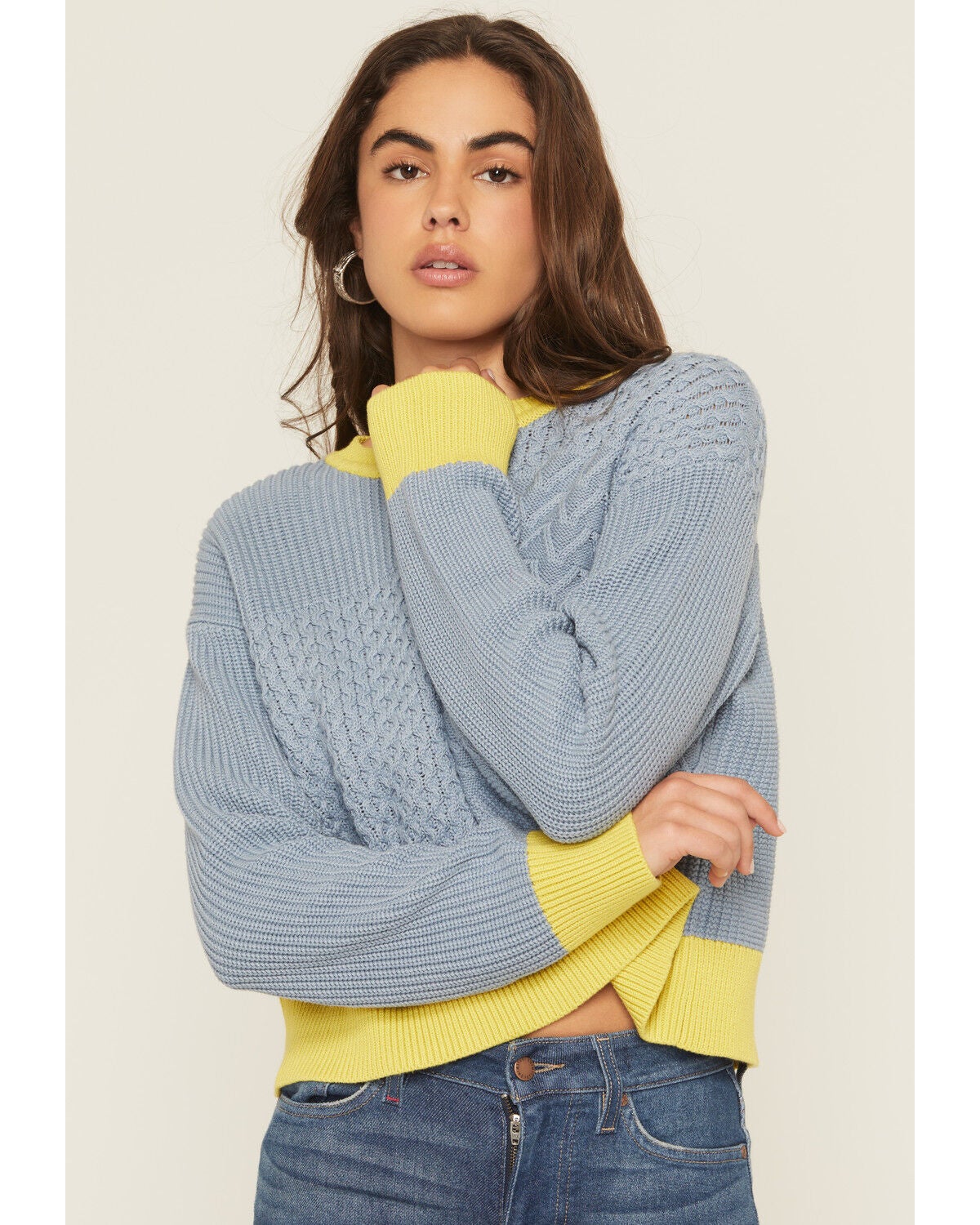 Cleo + Wolf Women's Colorblock And Stitch Sweater, Light Blue, hi-res