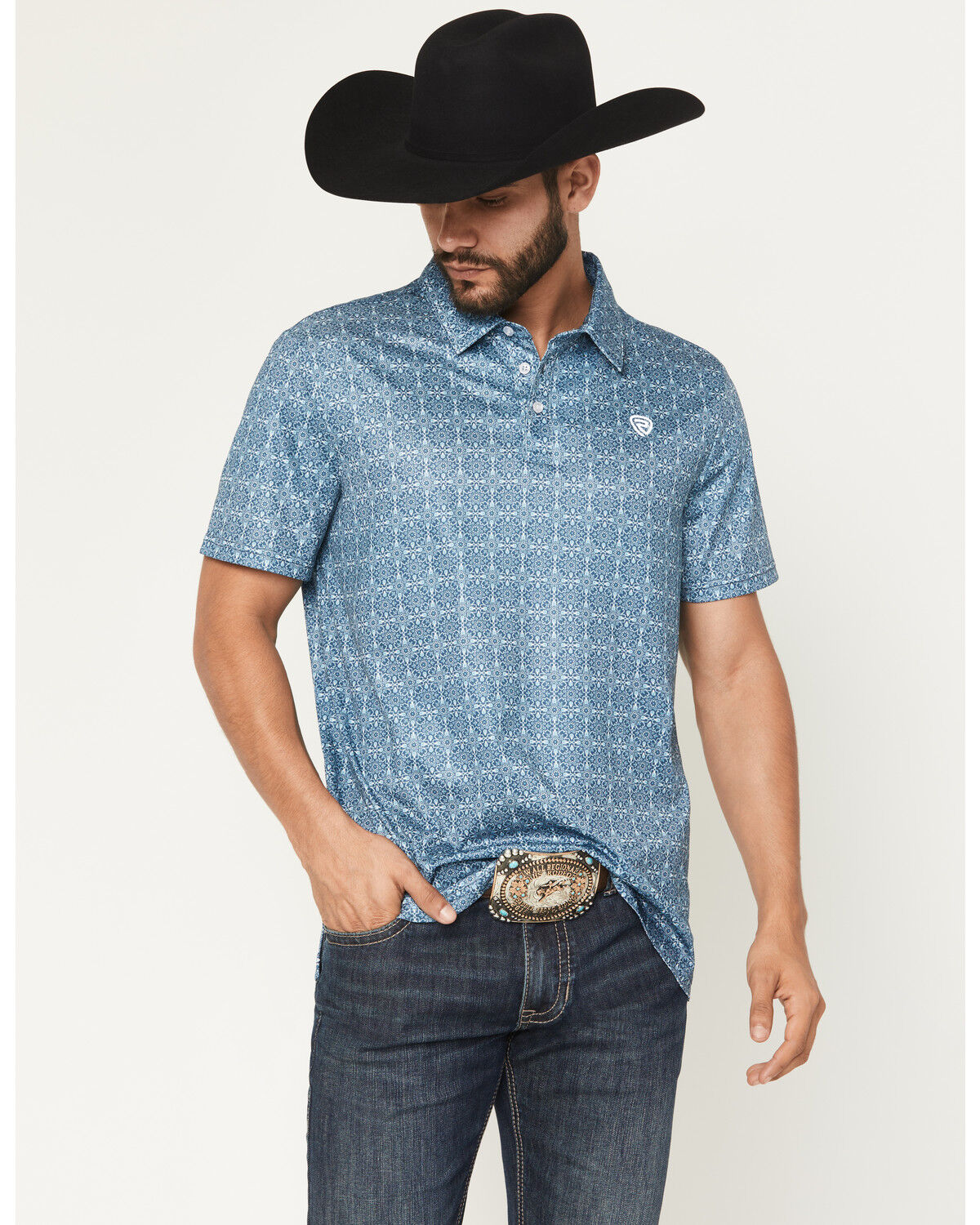 Image #1 - Rock & Roll Denim Men's Medallion Print Short Sleeve Button-Down Stretch Polo Shirt, Blue, hi-res