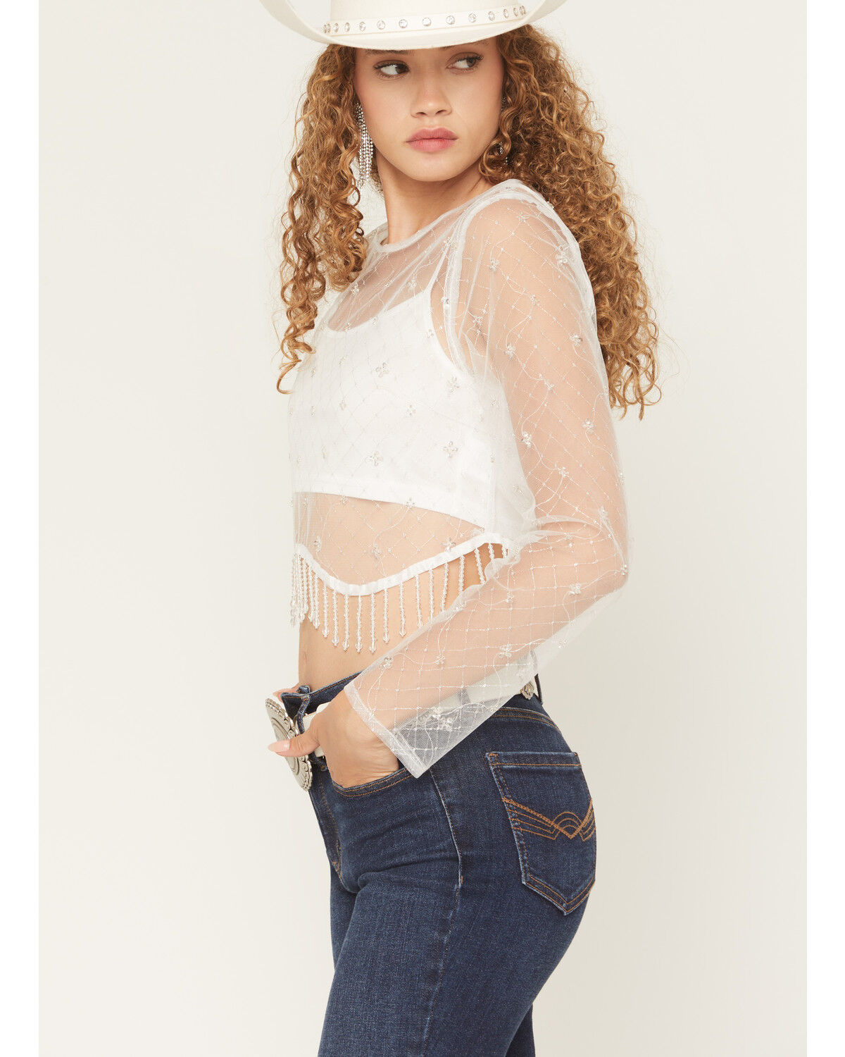 Image #3 - Blue B Women's Long Sleeve Mesh Metallic Fringe Crop Top, White, hi-res