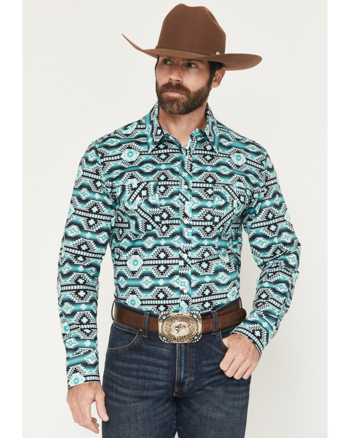 Image #1 - Rock & Roll Denim Men's Southwestern Print Long Sleeve Snap Stretch Western Shirt, Teal, hi-res