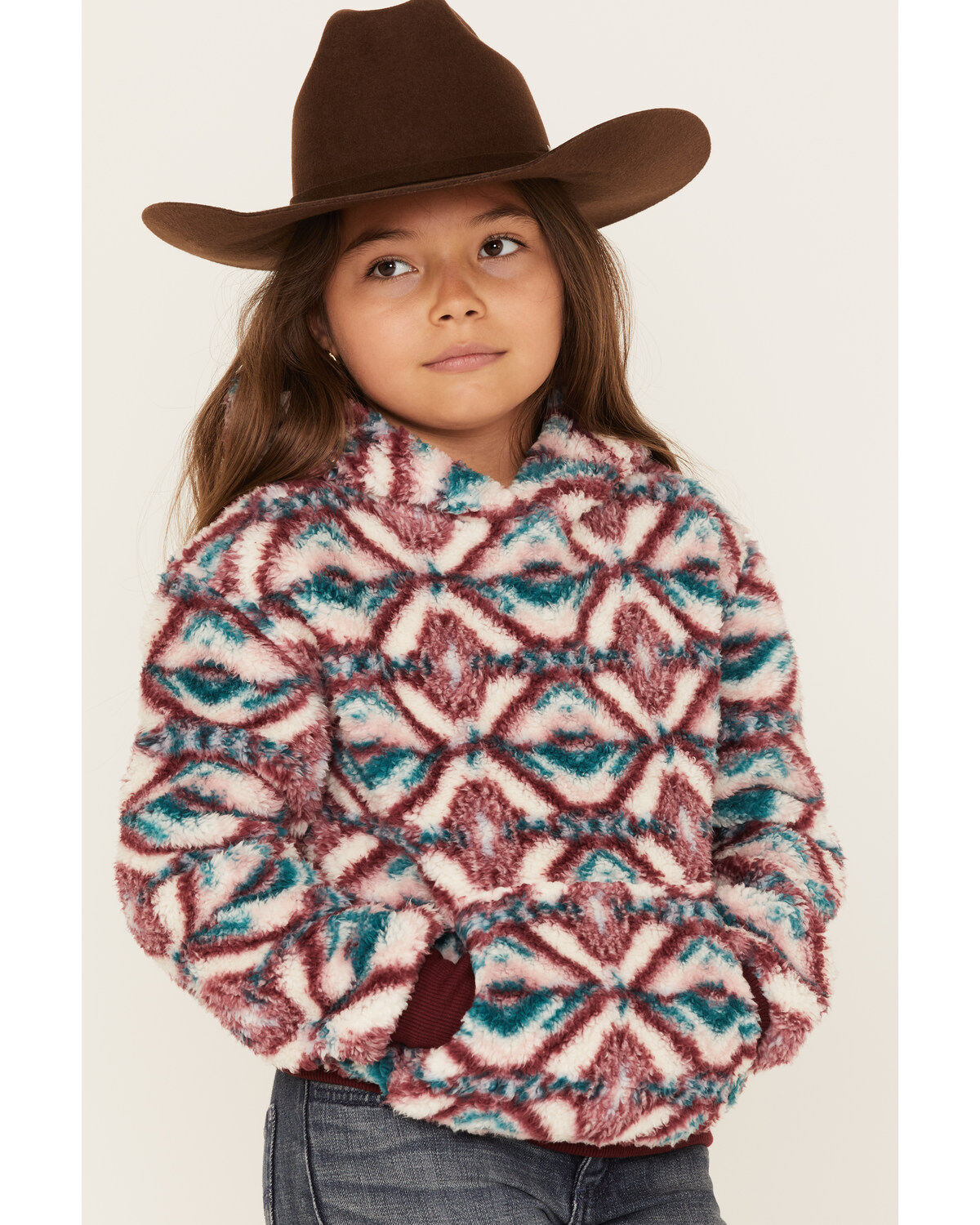 Image #2 - Shyanne Girls' Fuzzy Sherpa Southwestern Print Pullover, Ivory, hi-res