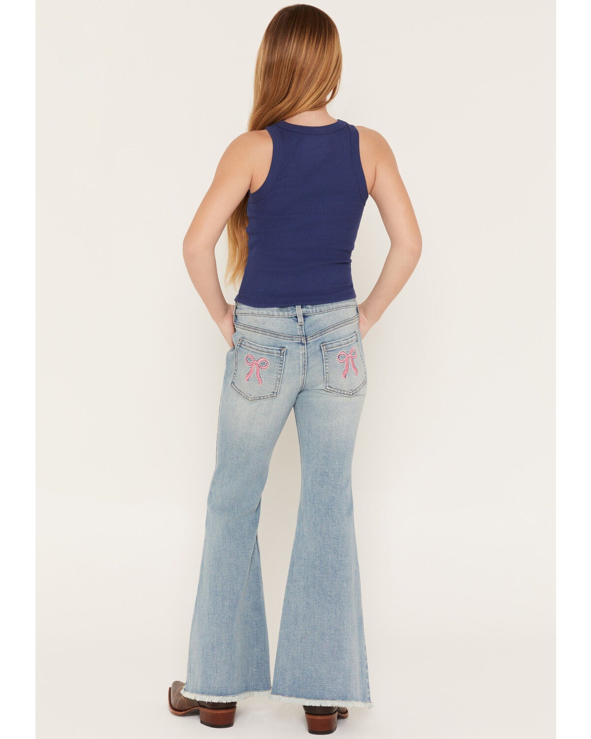 Shyanne Girls' Light Wash Lacey Bow Embroidered Flare Stretch Denim Jeans, Light Wash, hi-res