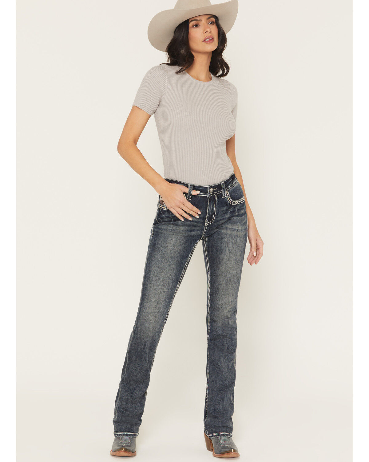 Grace LA Women's Medium Wash Mid Rise Embellished Bootcut Stretch Denim Jeans
