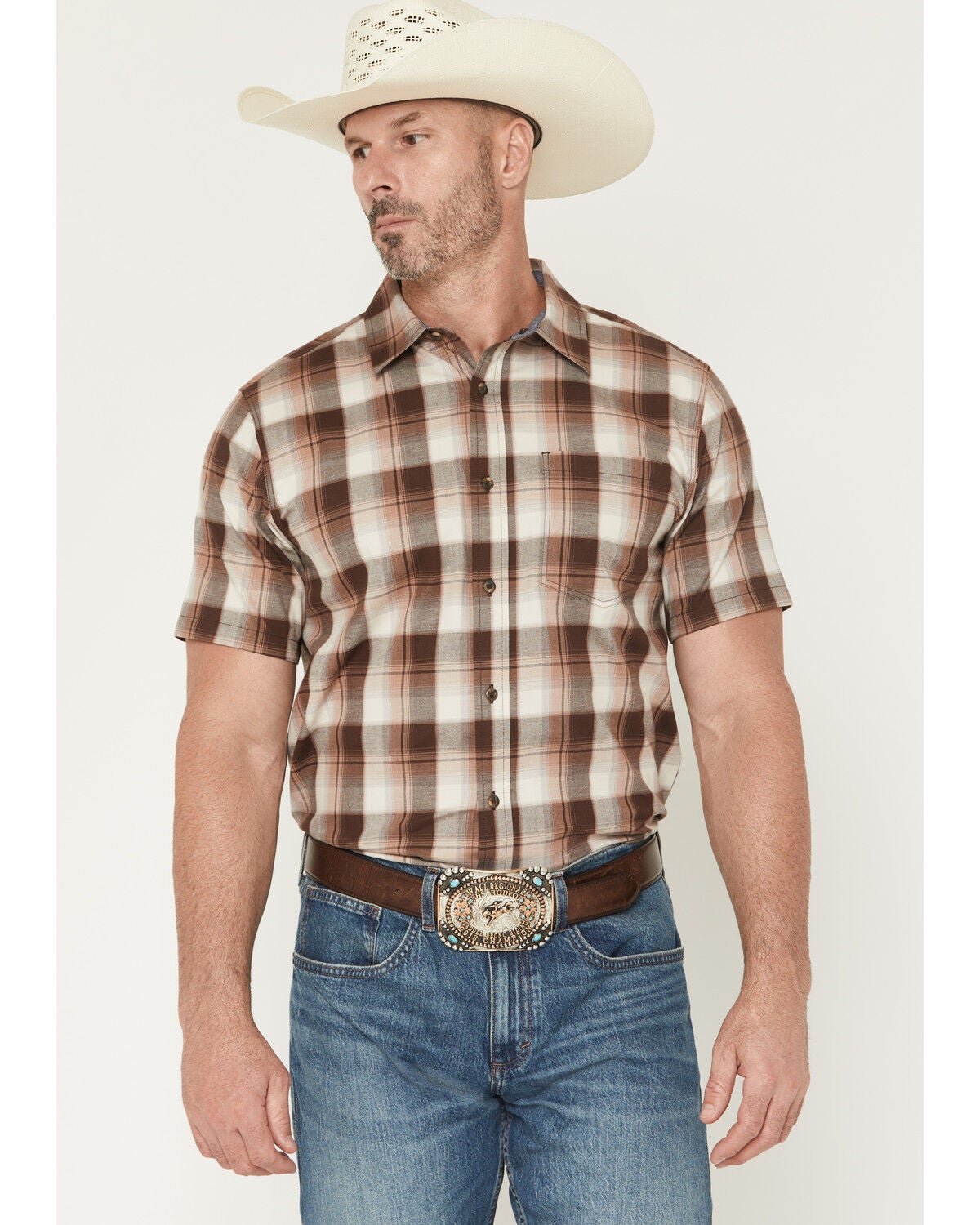Cody James Men's Frosty Creek Plaid Print Short Sleeve Button-Down Stretch Western Shirt, Brown, hi-res