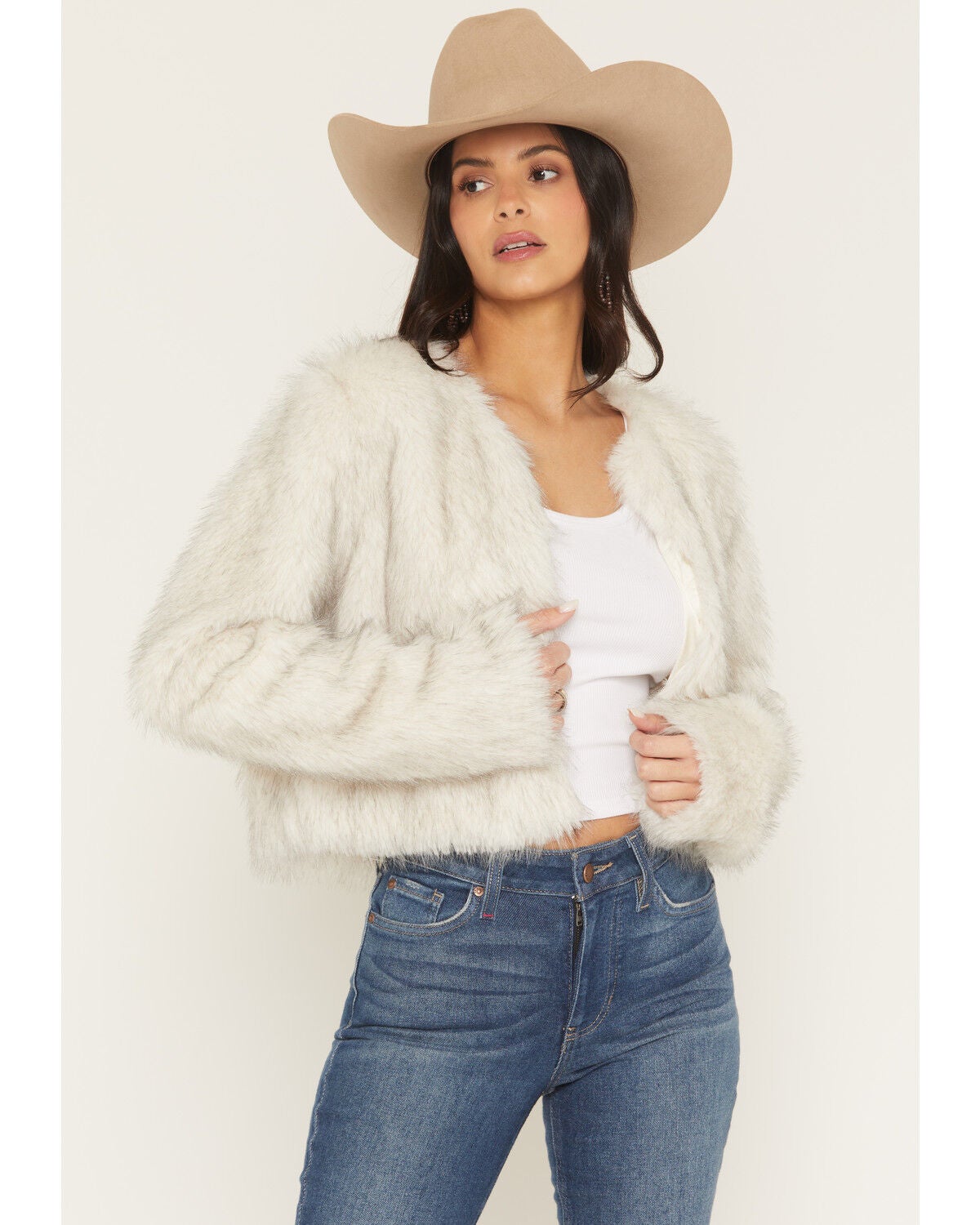 Shyanne Women's Faux Fur Cropped Jacket, Cream, hi-res