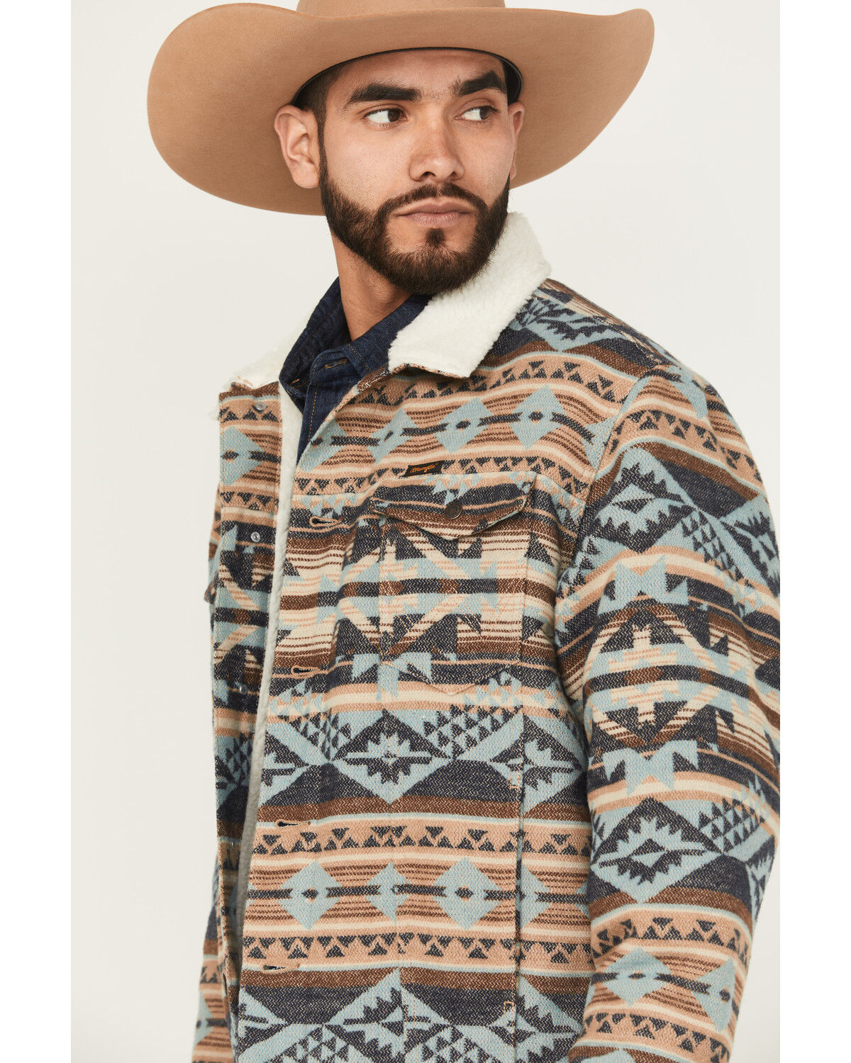 Image #2 - Wrangler Men's Southwestern Print Sherpa Lined Trucker Jacket, Tan, hi-res