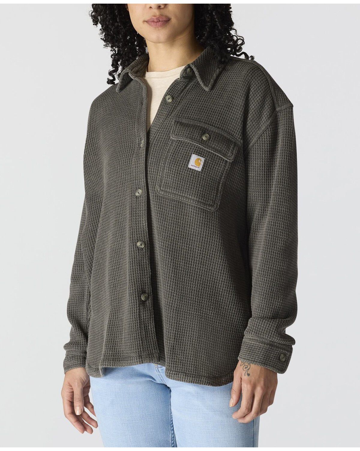 Image #1 - Carhartt Women's Oversized Fit Heavyweight Waffle Knit Work Shirt, Charcoal, hi-res