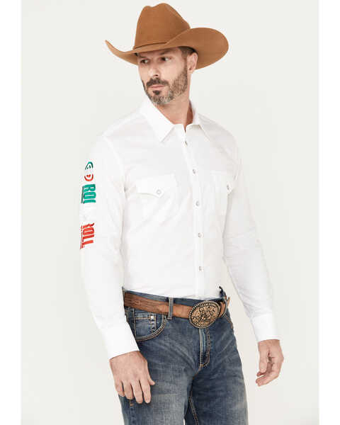 Image #1 - Rock & Roll Denim Men's Mexico Logo Long Sleeve Western Pearl Snap Shirt, White, hi-res
