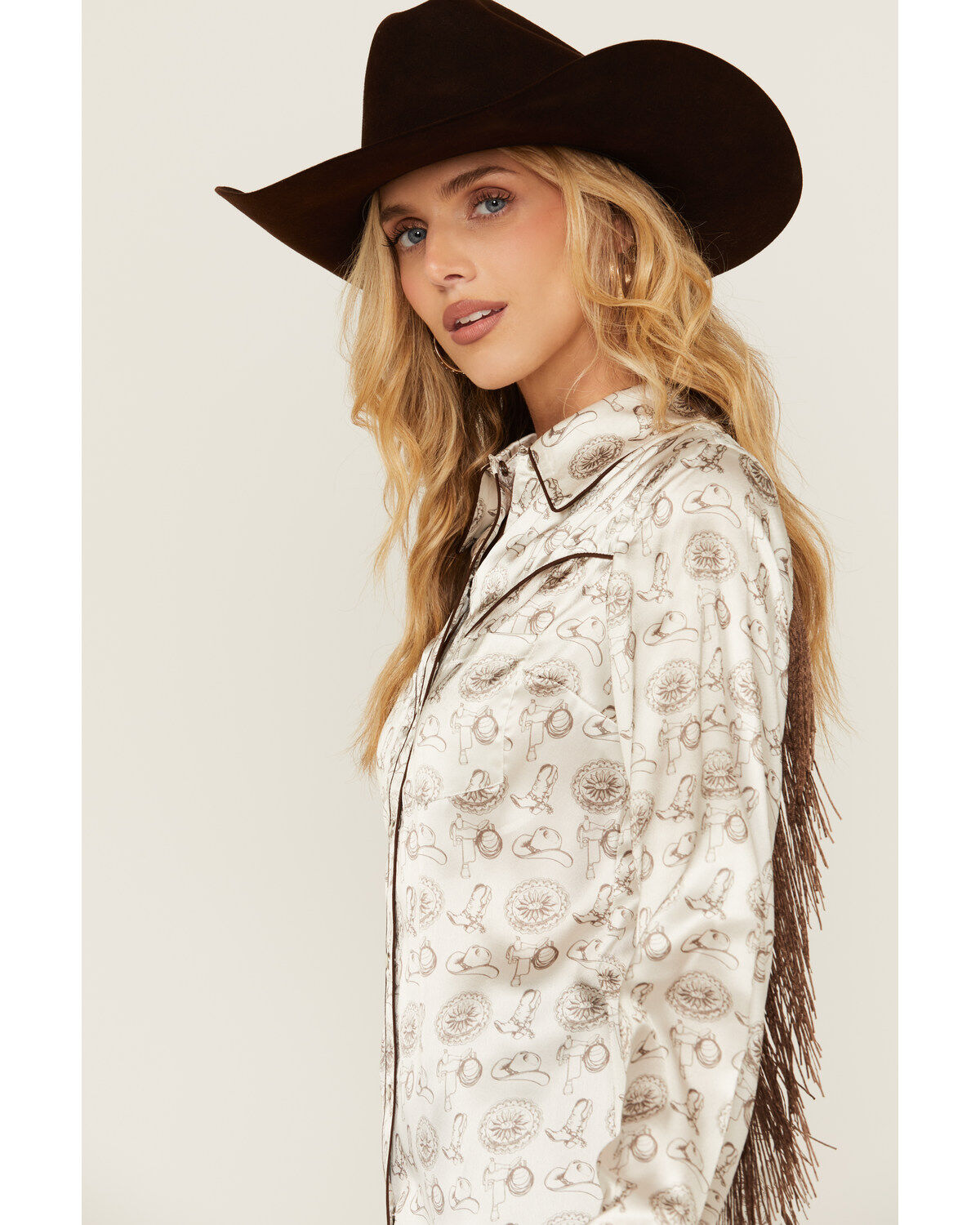 Image #2 - Rock & Roll Denim Women's Conversational Print Long Sleeve Fringe Snap Western Shirt, Black, hi-res