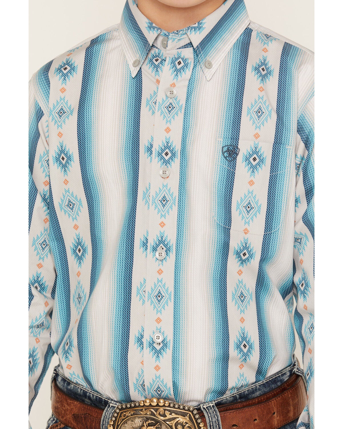 Image #3 - Ariat Boys' Southwestern Serape Striped Long Sleeve Button-Down Western Shirt, Grey, hi-res