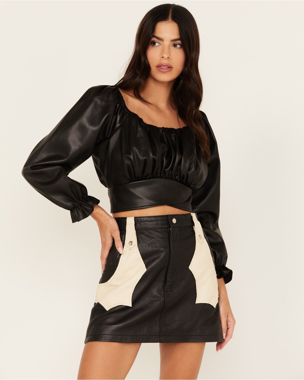 Beyond The Radar Women's Faux Leather Tie Back Crop Top, Black, hi-res