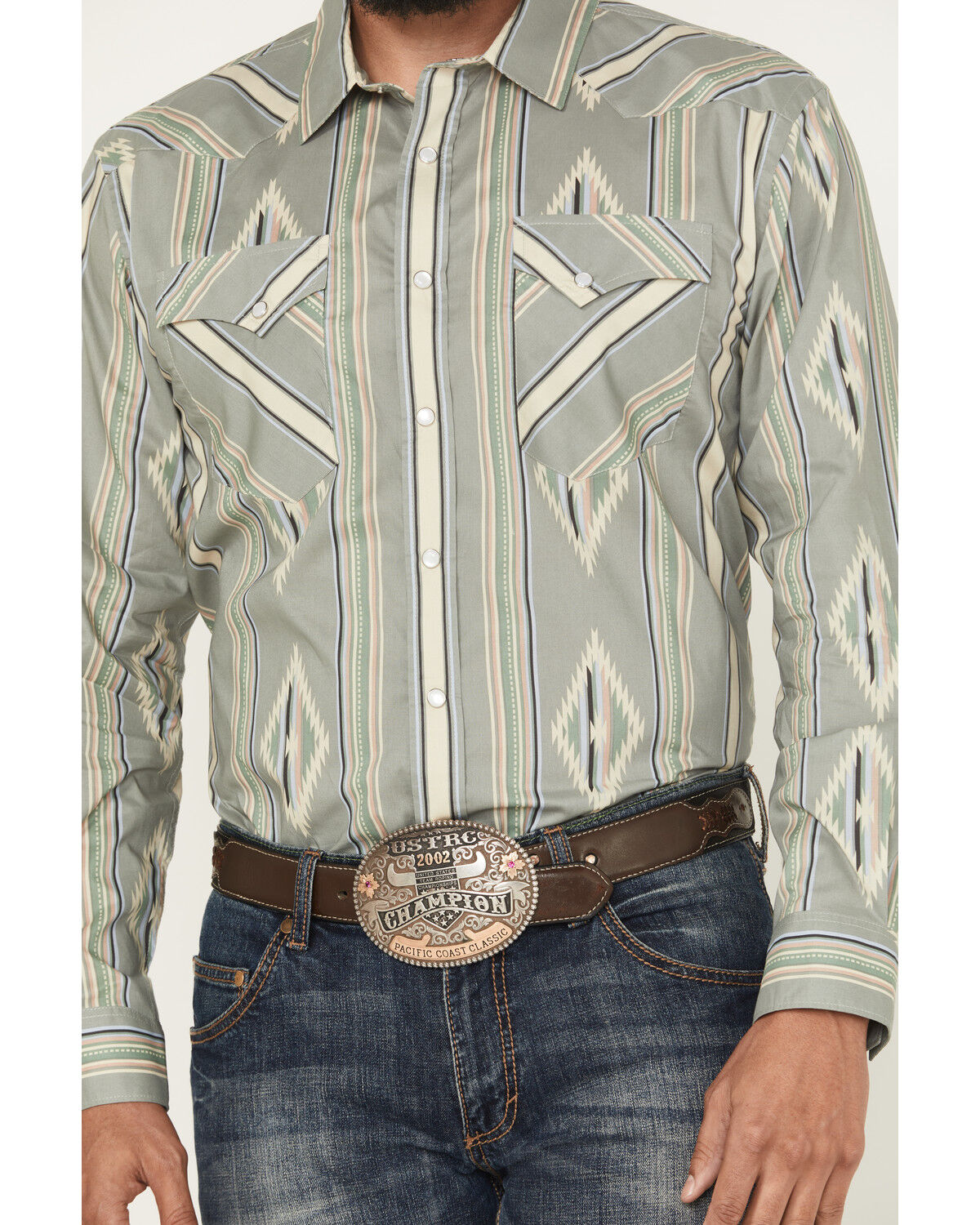 Image #3 - Panhandle Slim Men's Southwestern Striped Print Long Sleeve Snap Western Shirt, Sage, hi-res