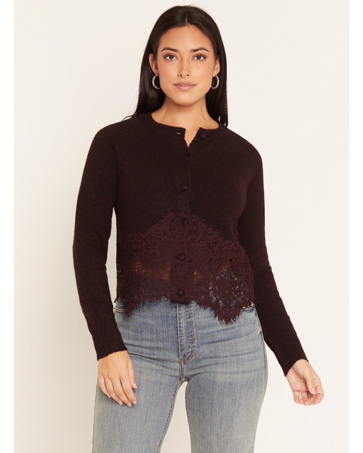 Image #2 - Lovestitch Women's Lace Sweater, Burgundy, hi-res