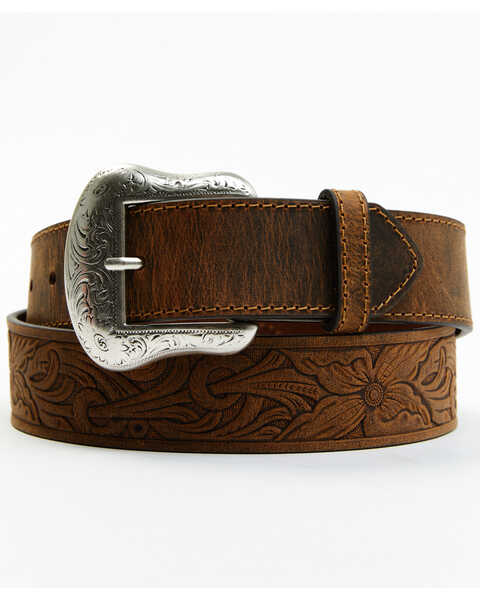 Cody James Men's Brown Floral Embossed Leather Belt, Brown